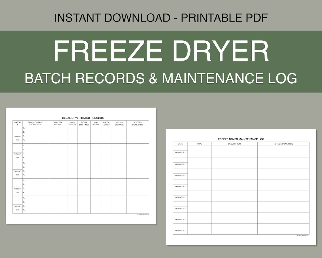Freeze Dryer Batch Log Maintenance Records Printable PDF Food Preservation Recording Freeze