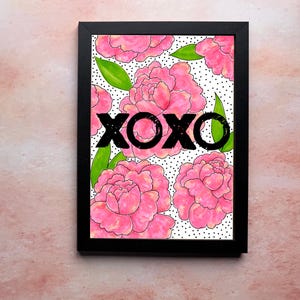 Impression de carte d'amour de la Saint-Valentin Illustration pivoine XOXO