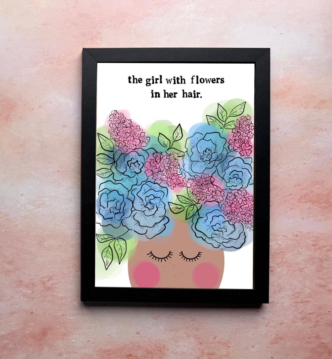 Girl With Flowers in Her Hair A5 and A4 Illustration Print Wall Art - Etsy