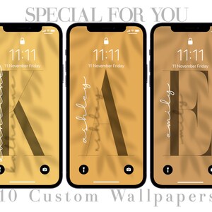 May include: Three iPhone mockups with a gold background and leaf shadows. Each phone displays the time 11:11 and the date 11 November Friday. The text "katherine", "ashley", and "emily" is written in white cursive on each phone.