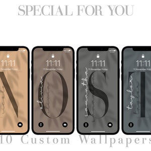 May include: Four phone wallpapers with a minimalist design featuring a large letter and a leaf pattern. The letters are N, O, S, and T. The text on the phone screen reads "11:11 11 November Friday".