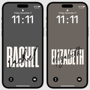 May include: Two iPhone mockups with gray and brown backgrounds. The time is 11:11 on both phones. The text "Friday, November 11" is displayed above the time. The name "Rachel" is displayed in white letters on the left phone and the name "Elizabeth" is displayed in white letters on the right phone.