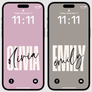 May include: Two iPhone mockups with pink and gray backgrounds. The time is 11:11 on both phones. The name "Olivia" is displayed on the pink phone and the name "Emily" is displayed on the gray phone.