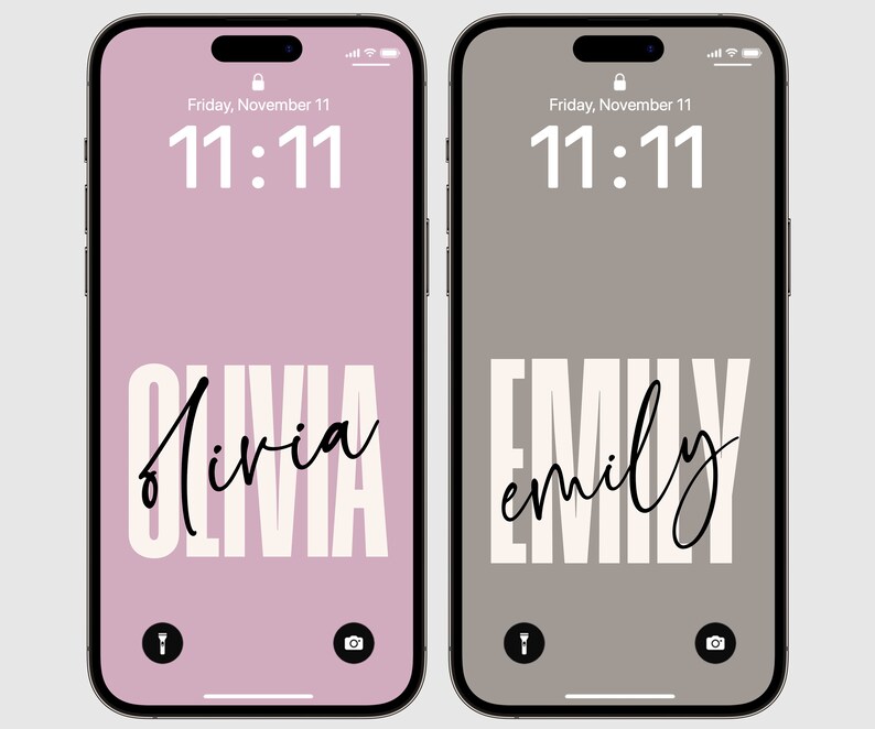 May include: Two iPhone mockups with pink and gray backgrounds. The time is 11:11 on both phones. The name "Olivia" is displayed on the pink phone and the name "Emily" is displayed on the gray phone.