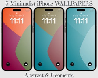 May include: Three iPhone mockups with minimalist abstract geometric wallpapers in shades of teal, green, and pink. The time is displayed as 11:11 on each screen. The text "5 Minimalist iPhone WALLPAPERS" and "Abstract & Geometric" are displayed at the top and bottom of the image, respectively.