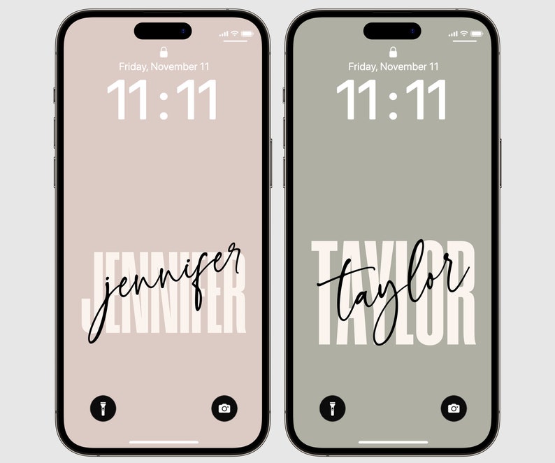 May include: Two iPhone mockups with a light pink and a light green background. The time is 11:11 on both phones. The name "jennifer" is displayed on the pink phone and the name "taylor" is displayed on the green phone.