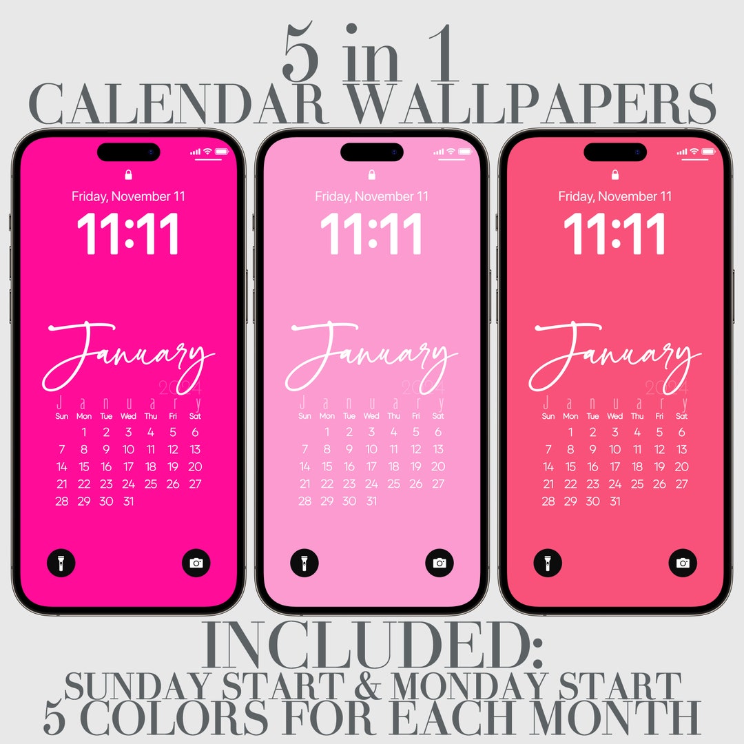2025 iPhone Calendar Wallpaper, Coral, Crepe, Hot Pink, Punch Pink Pink
