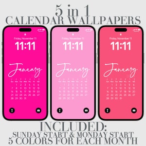 Sfondo del calendario iPhone 2025, corallo, crepe, rosa acceso, rosa punch Sfondo del telefono Boho digitale rosa Calendari estetici minimalisti ed eleganti