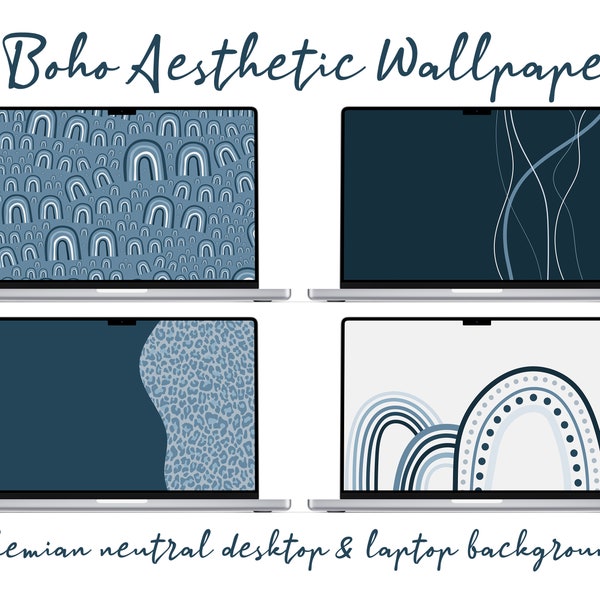 Boho Neutral Wallpaper, Desktop Laptop Background, Blue Aesthetic, Modern Macbook Wallpapers, 4 pcs