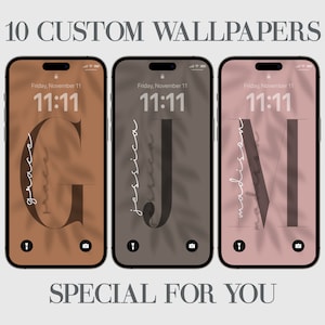 May include: Three phone mockups with custom wallpapers featuring the letters G, J, and M, each with a different background color and leaf shadow design. The time on each phone is 11:11 and the date is Friday, November 11. The text "SPECIAL FOR YOU" is below the mockups.