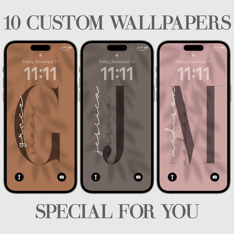 May include: Three phone mockups with custom wallpapers featuring the letters G, J, and M, each with a different background color and leaf shadow design. The time on each phone is 11:11 and the date is Friday, November 11. The text "SPECIAL FOR YOU" is below the mockups.