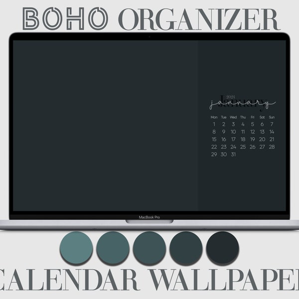 Boho Black, Desktop Calendar Wallpaper, 2024 Desktop Organizer, Monthly Boho Calendar, Minimal Desktop and Laptop, Digital Download Calendar