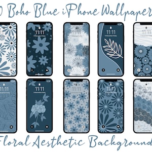 Boho Blau iPhone Wallpaper, Ästhetischer Blumen Handy Hintergrund, 10 Stück, Dunkelblau, Hellblau, Trendy Wallpapers, Digitale Blumenhintergründe