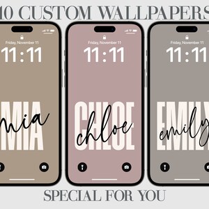 May include: Three phone screen mockups with different colored backgrounds. The mockups display the time 11:11 and the names Mia, Chloe, and Emily in a stylized font.