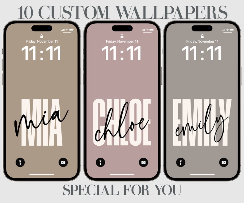 May include: Three phone screen mockups with different colored backgrounds. The mockups display the time 11:11 and the names Mia, Chloe, and Emily in a stylized font.