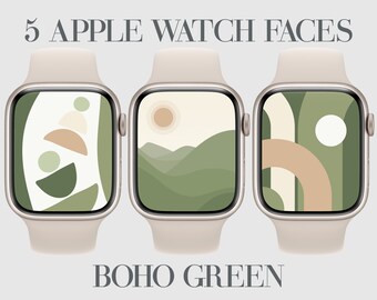 5 Green Boho Apple Watch Faces, Smartwatch Wallpaper, Beige, Green, Aesthetic Boho Green Colored, Apple Watch Background, Boho Style Designs