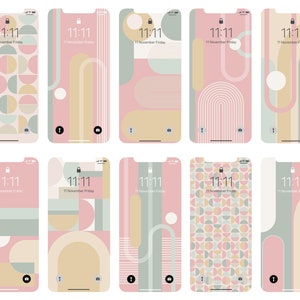 Rosa Boho Geometrisk iPhone-tapet, Estetisk Telefonbakgrund, Fantastiska Mjuka Boho-Kombinationer, Rosa, Grön, Beige Gul, Geometriska Vibbar