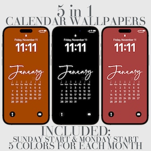 2025 iPhone Calendar Wallpaper, Black, Brown, Texas Orange, Rosewood, Digital Boho Phone Background Minimalist Elegant Aesthetic Calendars
