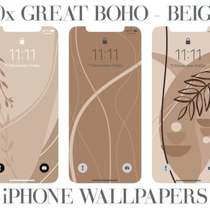 May include: Three iPhone wallpapers with a beige background and abstract designs. The first wallpaper features a brown branch with leaves, the second wallpaper features brown curved lines, and the third wallpaper features brown geometric shapes.