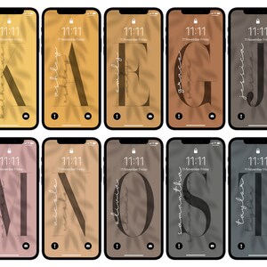 May include: Ten phone screen wallpapers with different names written in a cursive font on a background of leaves and shadows. The names are Katherine, Ashley, Emily, Grace, Jessica, Madison, Nicole, Olivia, Samantha, and Taylor.