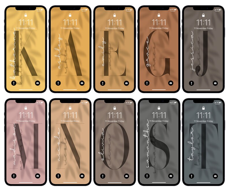 May include: Ten phone screen wallpapers with different names written in a cursive font on a background of leaves and shadows. The names are Katherine, Ashley, Emily, Grace, Jessica, Madison, Nicole, Olivia, Samantha, and Taylor.