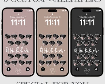 May include: Three phone screen mockups with a custom wallpaper featuring a dog's face repeated many times. The wallpaper also includes the name "bella" in cursive script. The phone screens are set to 11:11 and the date is Friday, November 11. The text "SPECIAL FOR YOU" is at the bottom of the image.