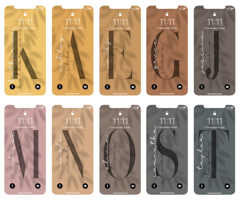 May include: Ten phone screens with different names on each. The names are: Katherine, Ashley, Emily, Grace, Jessica, Madison, Nicole, Olivia, Samantha, and Taylor. Each screen has a different background color and a leaf pattern.