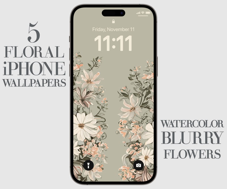 May include: A digital phone screen with a floral wallpaper design. The wallpaper features a watercolour style with blurry flowers in shades of pink, white, and green. The phone screen displays the time 11:11 and the date Friday, November 11. The text "WATERCOLOR BLURRY FLOWERS" is displayed at the bottom of the screen.