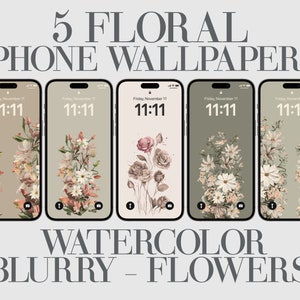 May include: Five iPhone wallpapers featuring watercolour floral designs. Each wallpaper features a different arrangement of flowers in shades of pink, white, and green against a muted background.