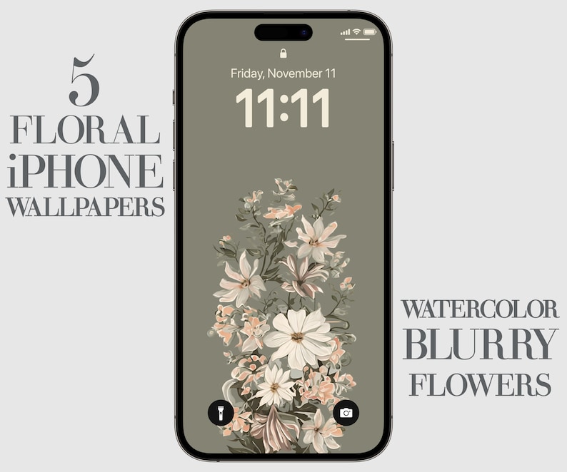 May include: A digital phone screen with a floral wallpaper. The wallpaper features a watercolour style bouquet of pink and white flowers on a green background. The time is 11:11 and the date is Friday, November 11. The text "WATERCOLOR BLURRY FLOWERS" is displayed at the bottom of the screen.