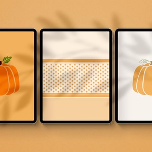 May include: Three digital device screens with a simple orange pumpkin illustration on each. The first screen has a solid orange background, the second screen has a white background with a brown polka dot pattern, and the third screen has a white background.