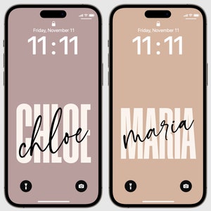 May include: Two iPhone mockups with a light brown and a mauve background. The time is 11:11 on both phones. The name "chloe" is written in white with black cursive letters on the mauve phone. The name "maria" is written in white with black cursive letters on the light brown phone.