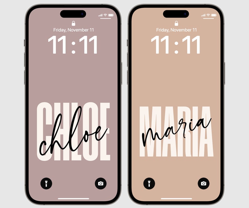 May include: Two iPhone mockups with a light brown and a mauve background. The time is 11:11 on both phones. The name "chloe" is written in white with black cursive letters on the mauve phone. The name "maria" is written in white with black cursive letters on the light brown phone.