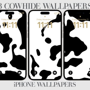 May include: Three iPhone wallpapers featuring a black and white cowhide pattern. The wallpapers display the time as 11:11.