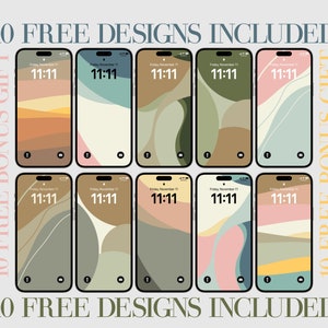 May include: Ten free phone wallpaper designs with abstract shapes in shades of brown, green, blue, and pink. The designs feature a minimalist style with a simple clock display showing the time 11:11.