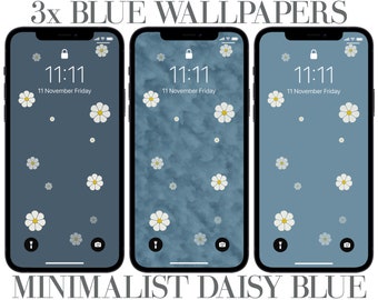 3 Blue iPhone Wallpaper, Minimalist Daisy, Phone Background, Flower Phone Wallpapers, Minimal Floral Background, Aesthetic Floral iPhone