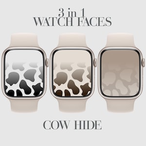 Op de afbeelding: Drie verschillende wijzerplaten met een koehuidpatroon. De wijzerplaten zijn in zwart-wit, bruin-wit en beige-wit.