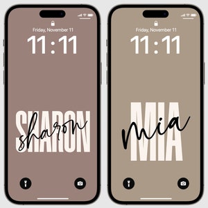 May include: Two iPhone mockups with brown backgrounds. The left phone displays the name "sharon" in white text with a black outline. The right phone displays the name "mia" in white text with a black outline. Both phones display the time 11:11 and the date Friday, November 11.