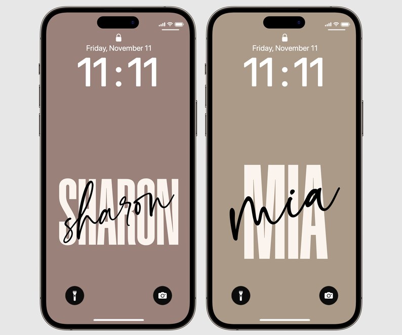 May include: Two iPhone mockups with brown backgrounds. The left phone displays the name "sharon" in white text with a black outline. The right phone displays the name "mia" in white text with a black outline. Both phones display the time 11:11 and the date Friday, November 11.