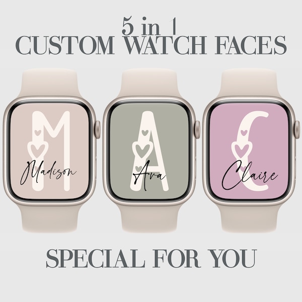 5 Custom Apple Watch Wallpaper, Beige, Pink, Cream, Green, Personalized, Face Background, Heart Initial, Monogram, Apple Watch Accessories