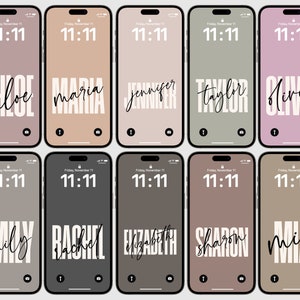 May include: Ten different phone wallpapers with various names written in white text on a variety of colored backgrounds. The names are Chloe, Maria, Jennifer, Taylor, Olivia, Emily, Rachel, Elizabeth, Sharon, and Mia.