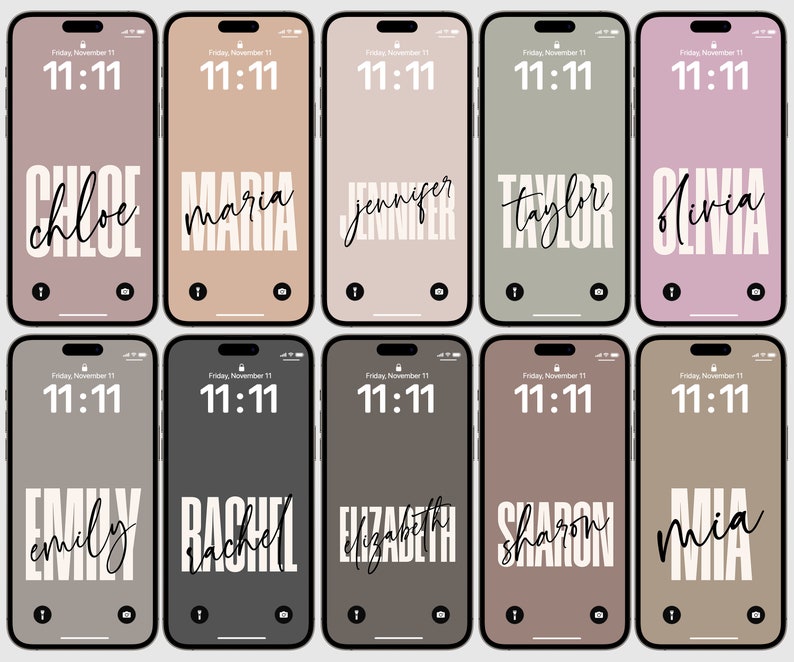 May include: Ten different phone wallpapers with various names written in white text on a variety of colored backgrounds. The names are Chloe, Maria, Jennifer, Taylor, Olivia, Emily, Rachel, Elizabeth, Sharon, and Mia.