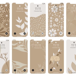 Boho lascia carta da parati floreale per iPhone, piante botaniche sullo sfondo del telefono, pianta beige crema, arte moderna, fiori estetici, 10 pezzi