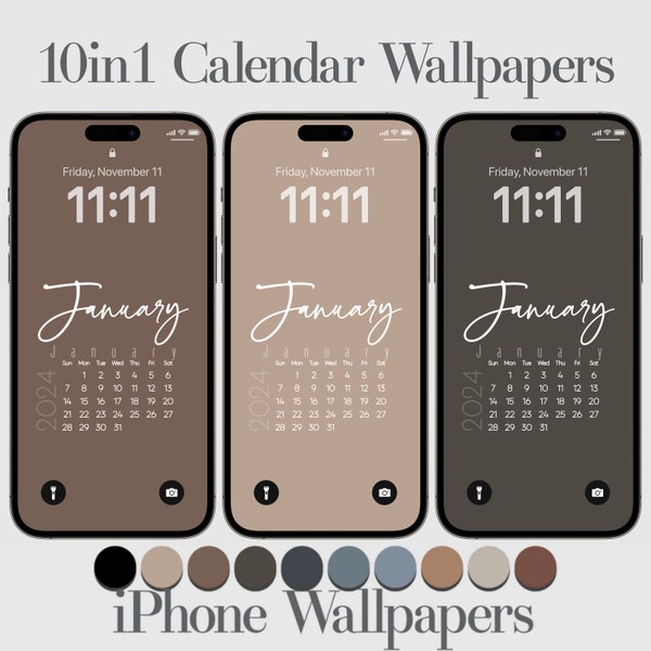 10 in 1, Boho 2024 iPhone Calendar Wallpaper, Black, Brown, Beige, Blue Colored, Digital Calendar, Elegant Style, Aesthetic Phone Background