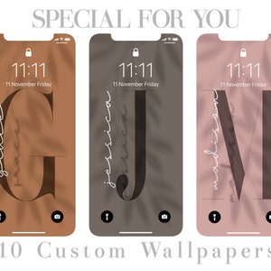 May include: Three phone screen mockups with a brown, gray, and pink background. Each background has a leaf pattern and a white cursive name, "grace", "jessica", and "madison". The phone screens display the time 11:11 and the date 11 November Friday.