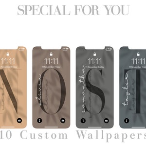 May include: Four phone screen mockups with different colored backgrounds and a large black letter on each. The letters spell out the word "NOST". Each phone screen has a lock icon, a time of 11:11, and the date "11 November Friday". The text "10 Custom Wallpapers" is below the mockups.