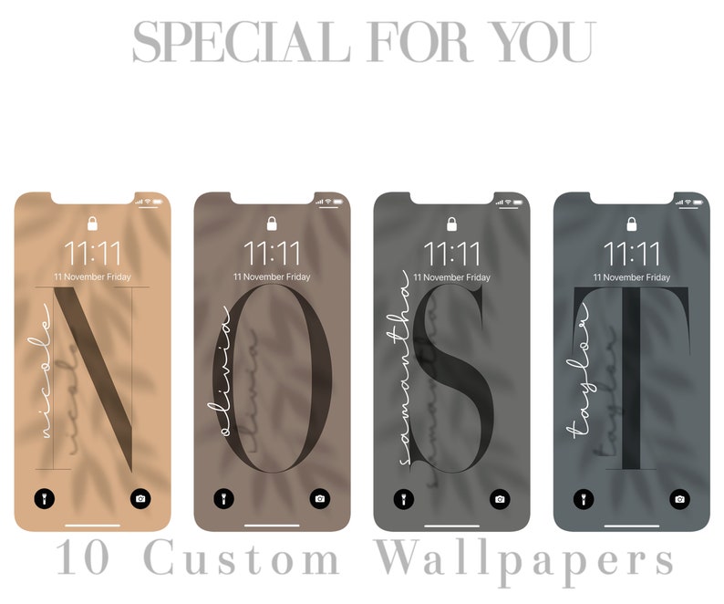 May include: Four phone screen mockups with different colored backgrounds and a large black letter on each. The letters spell out the word "NOST". Each phone screen has a lock icon, a time of 11:11, and the date "11 November Friday". The text "10 Custom Wallpapers" is below the mockups.