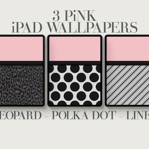 Puede incluir: Tres fondos de pantalla para iPad de color rosa con diferentes patrones: estampado de leopardo, lunares y rayas. El texto "3 PINK iPad WALLPAPERS" está en la parte superior de la imagen. El texto "LEOPARD - POLKA DOT - LINES" está en la parte inferior de la imagen.