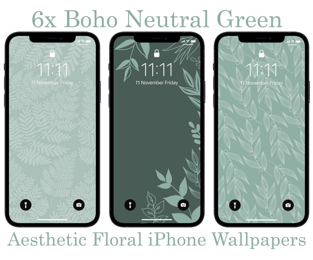 Boho Floral iPhone Wallpaper: Neutral Green Plant Art (6x Digital