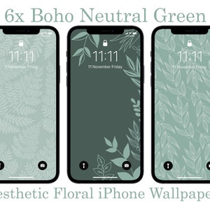 Boho Neutral Green Phone Background, Aesthetic Floral iPhone Wallpaper, Botanical Plants, 6x Modern Plant Art Designs